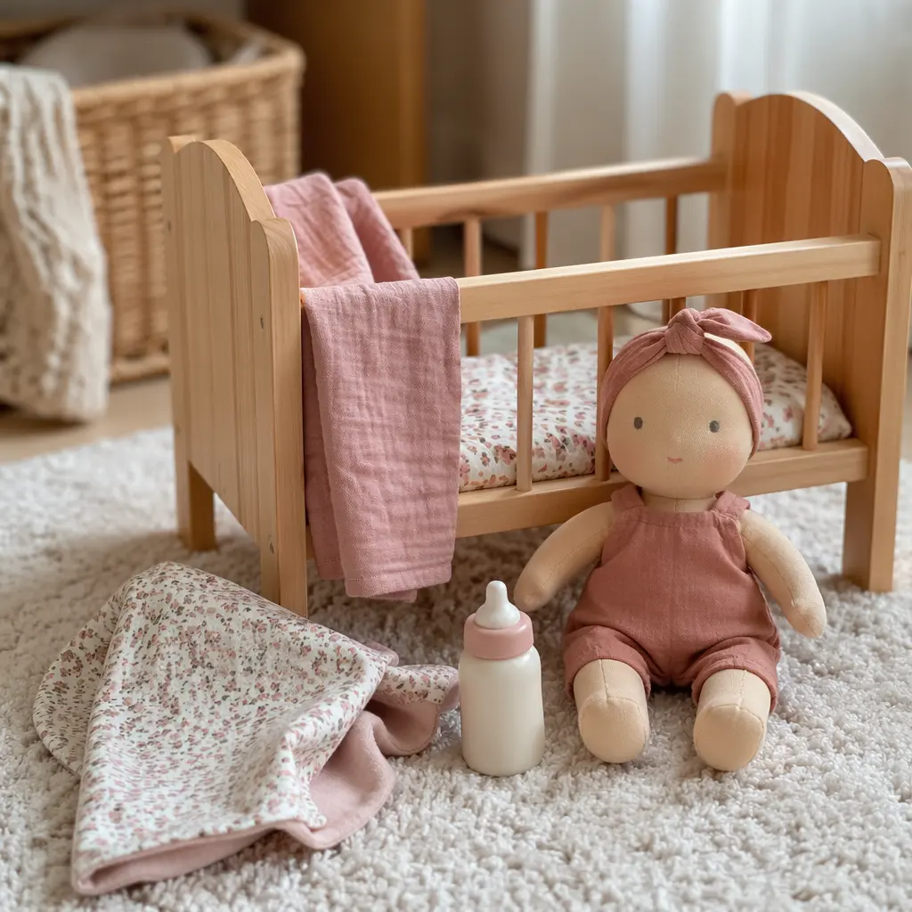 Soft doll set with caregiving accessories in a cozy play area