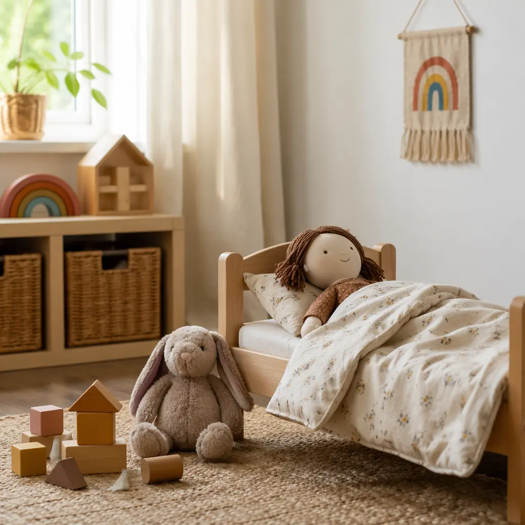 Simple doll tucked into a toy bed in a softly lit toddler playroom