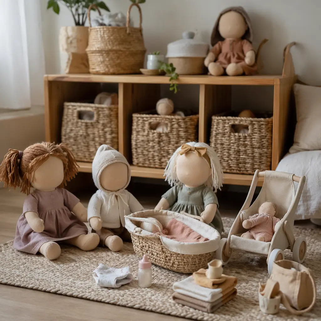 Soft-bodied dolls and simple caregiving toys arranged in a calm toddler play space