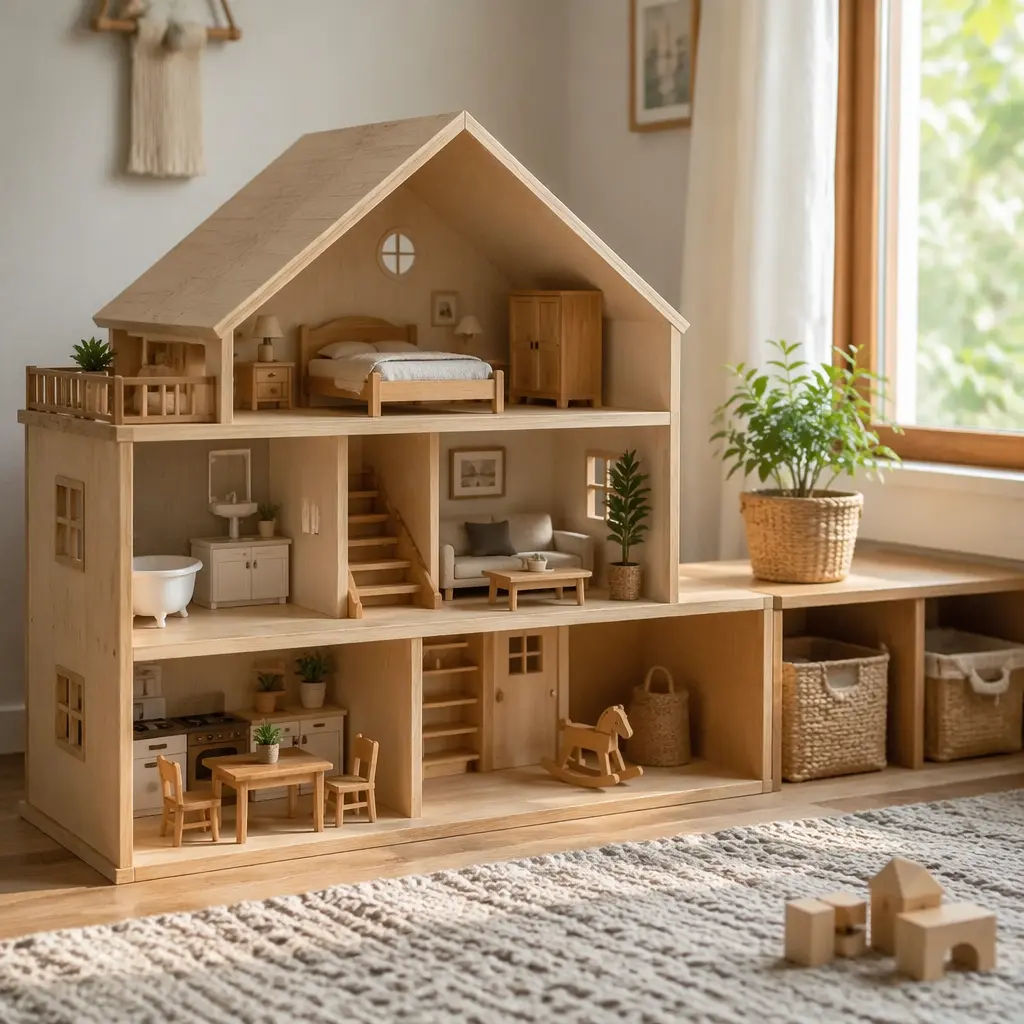 Classic wooden dollhouse in a bright playroom