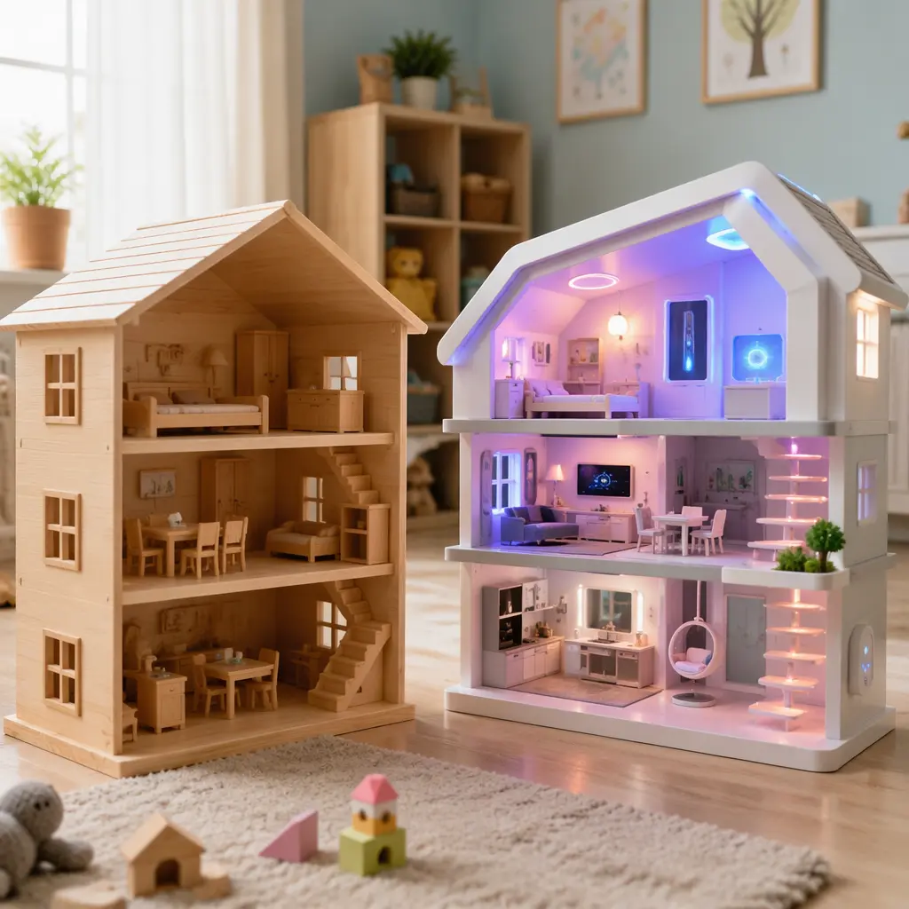 Traditional and electronic dollhouses displayed in a softly lit playroom