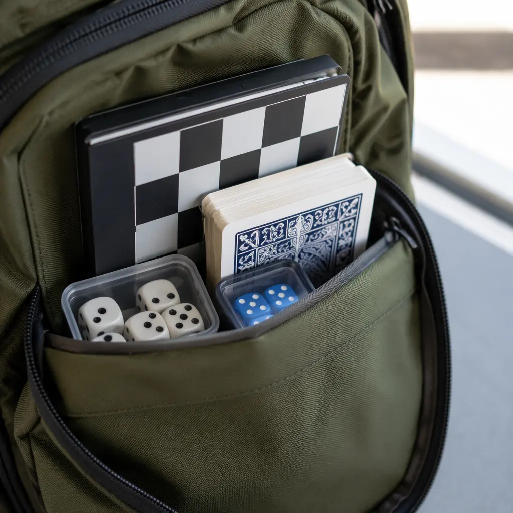 Compact travel games fitting neatly into a backpack pocket