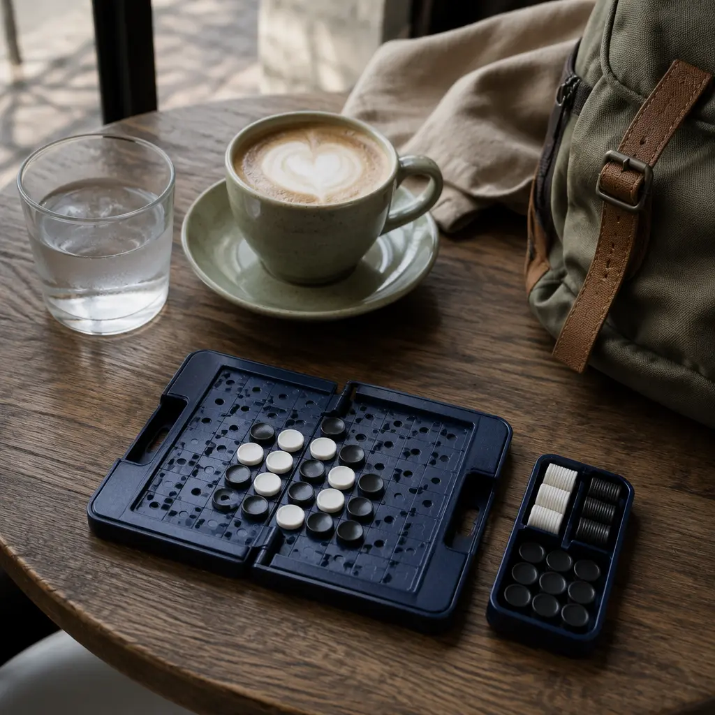 Compact tabletop travel game set up on a small cafe table