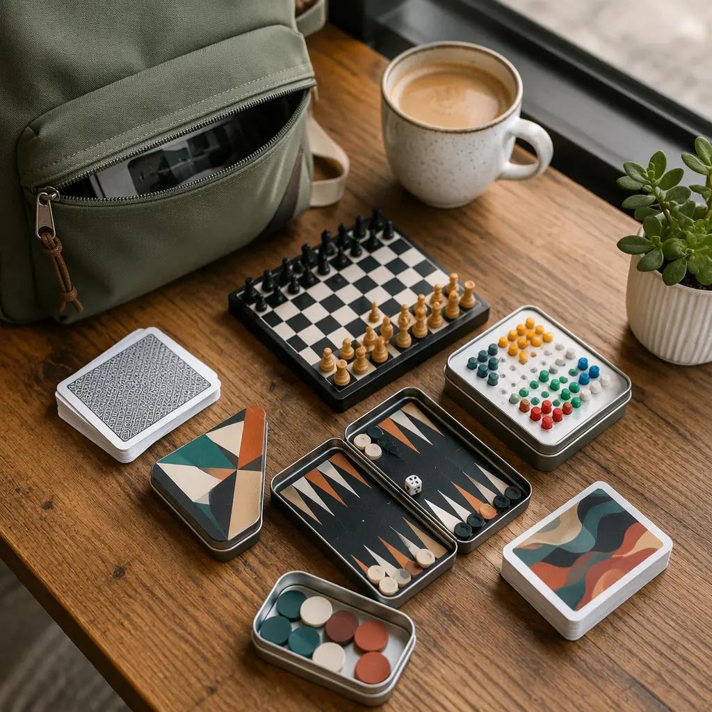 Small travel-friendly board and card games beside a backpack pocket on a cafe table