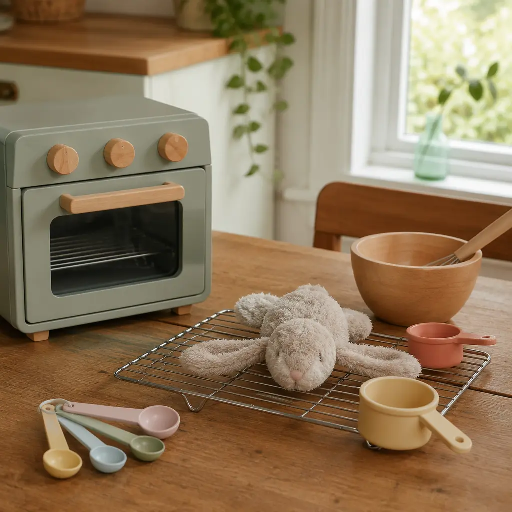 Pretend baking playset with a plush animal toy on a cooling rack