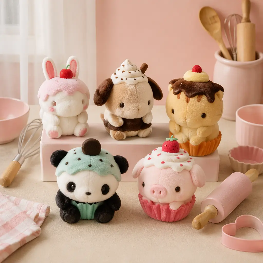 Dessert-themed animal plush toys displayed with pretend baking accessories