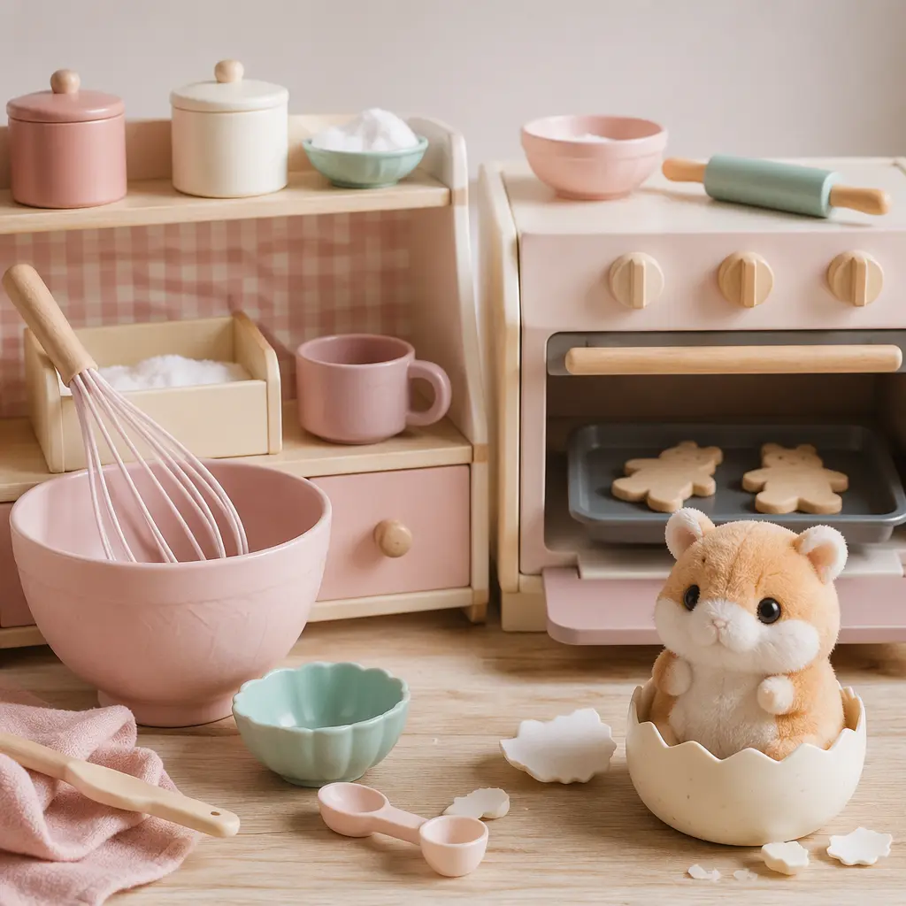Toy baking playset with a small animal-shaped plush reveal beside pretend baking tools