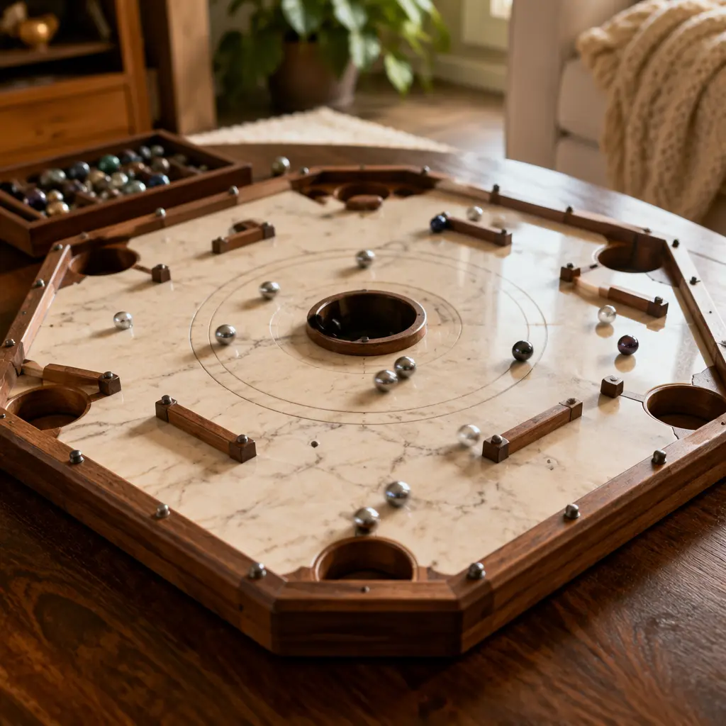 A retro marble battle game set up on a table with metal marbles moving across the playfield