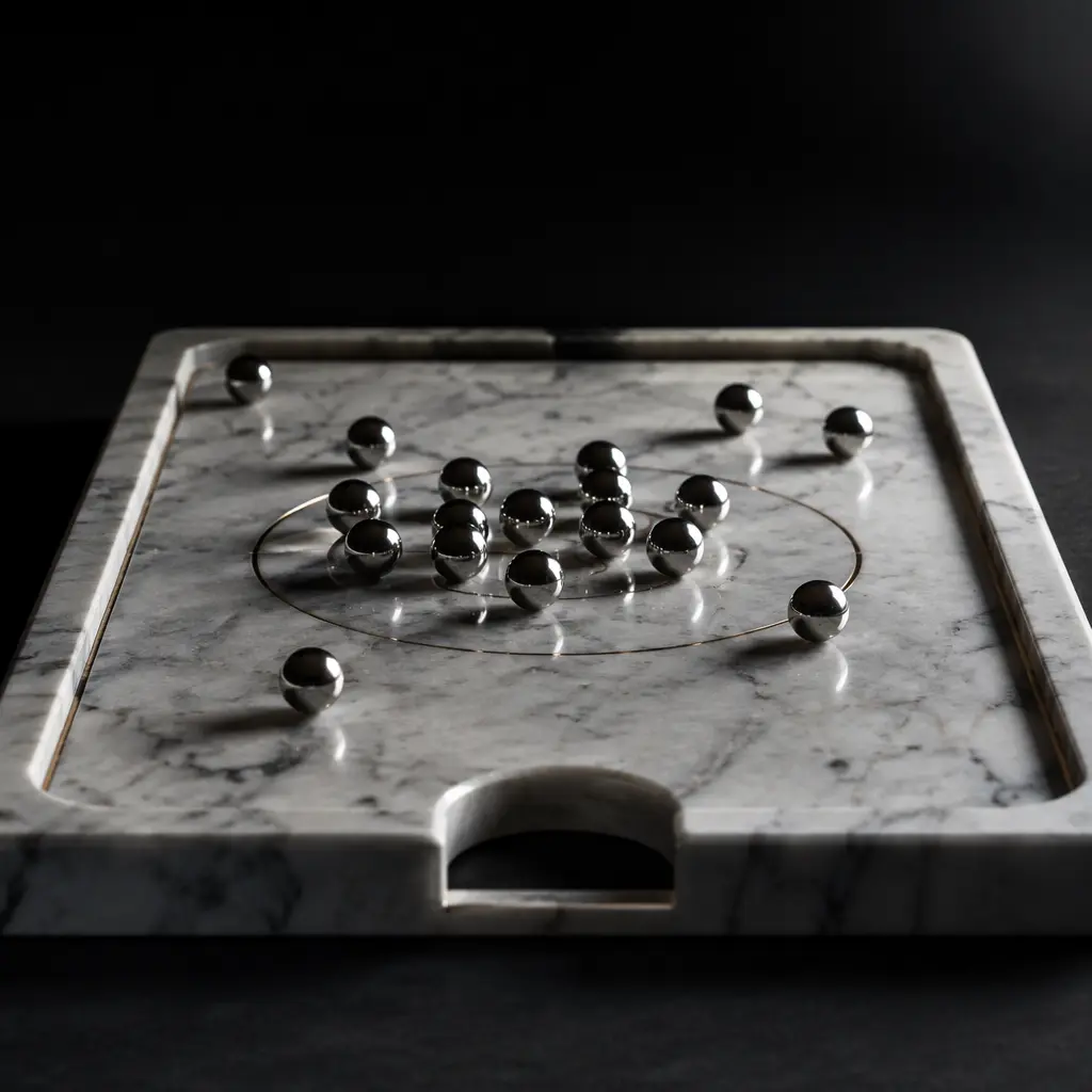 Close view of a marble battle game arena with metal marbles near the goal area