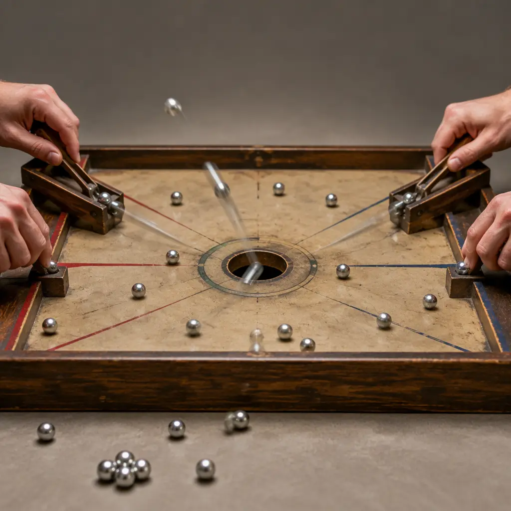 A tabletop marble battle game with metal marbles and opposing launchers in action