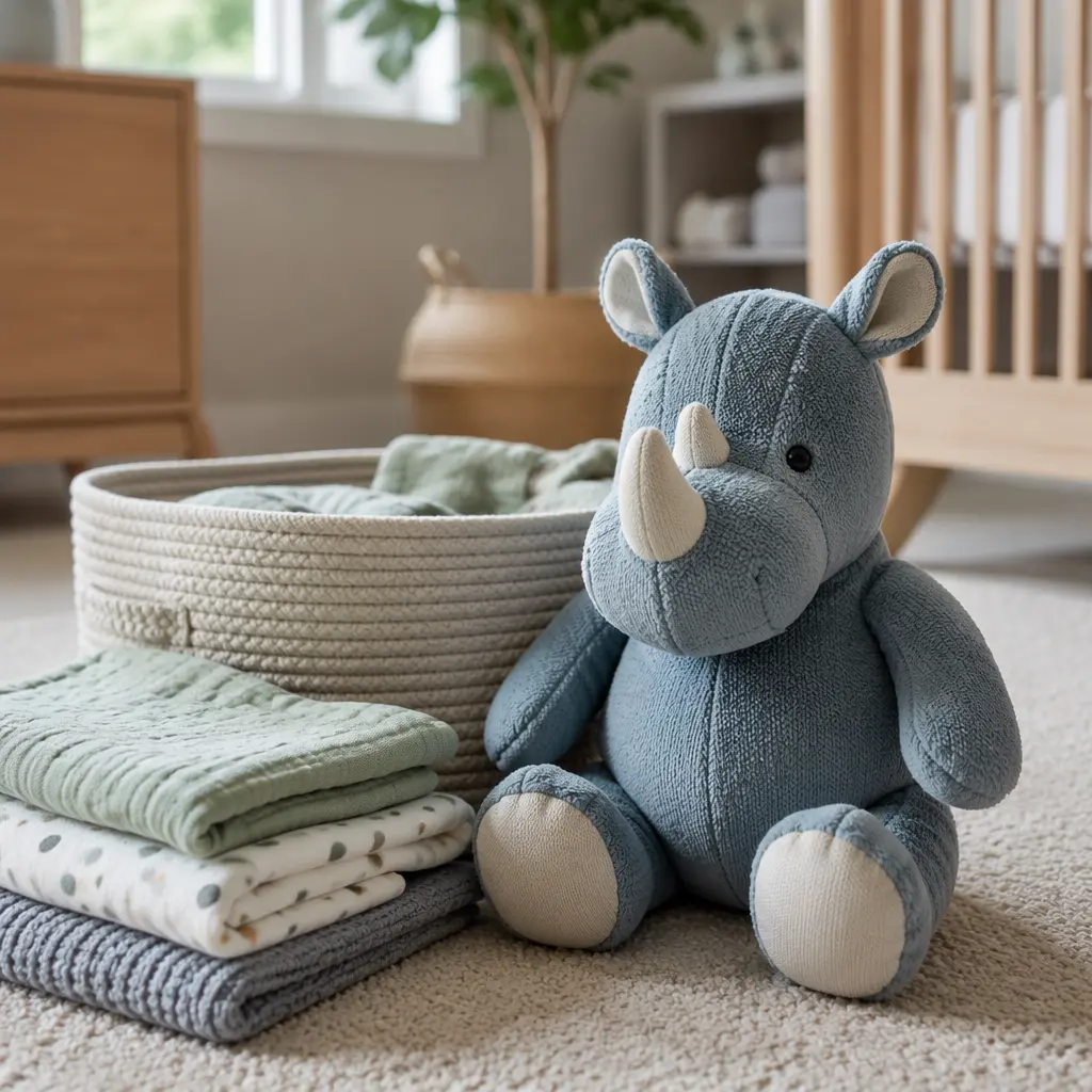 Sturdy plush toy in a softly lit nursery beside folded blankets