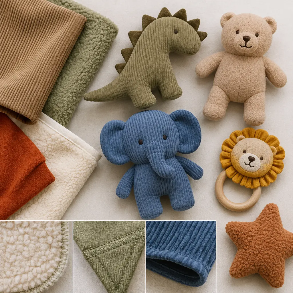 Durable plush toy materials and soft toys arranged in natural light