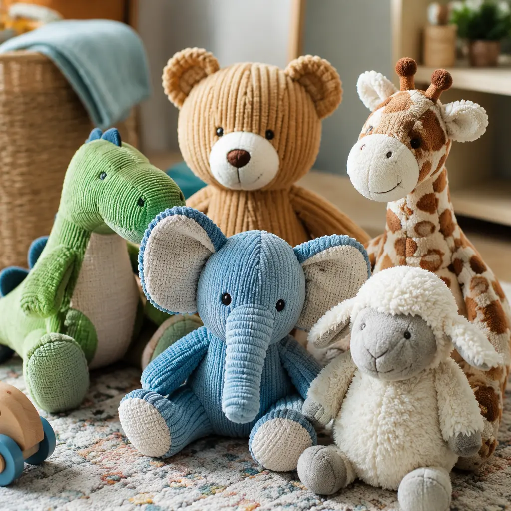 Durable plush toys arranged on a nursery rug in soft natural light