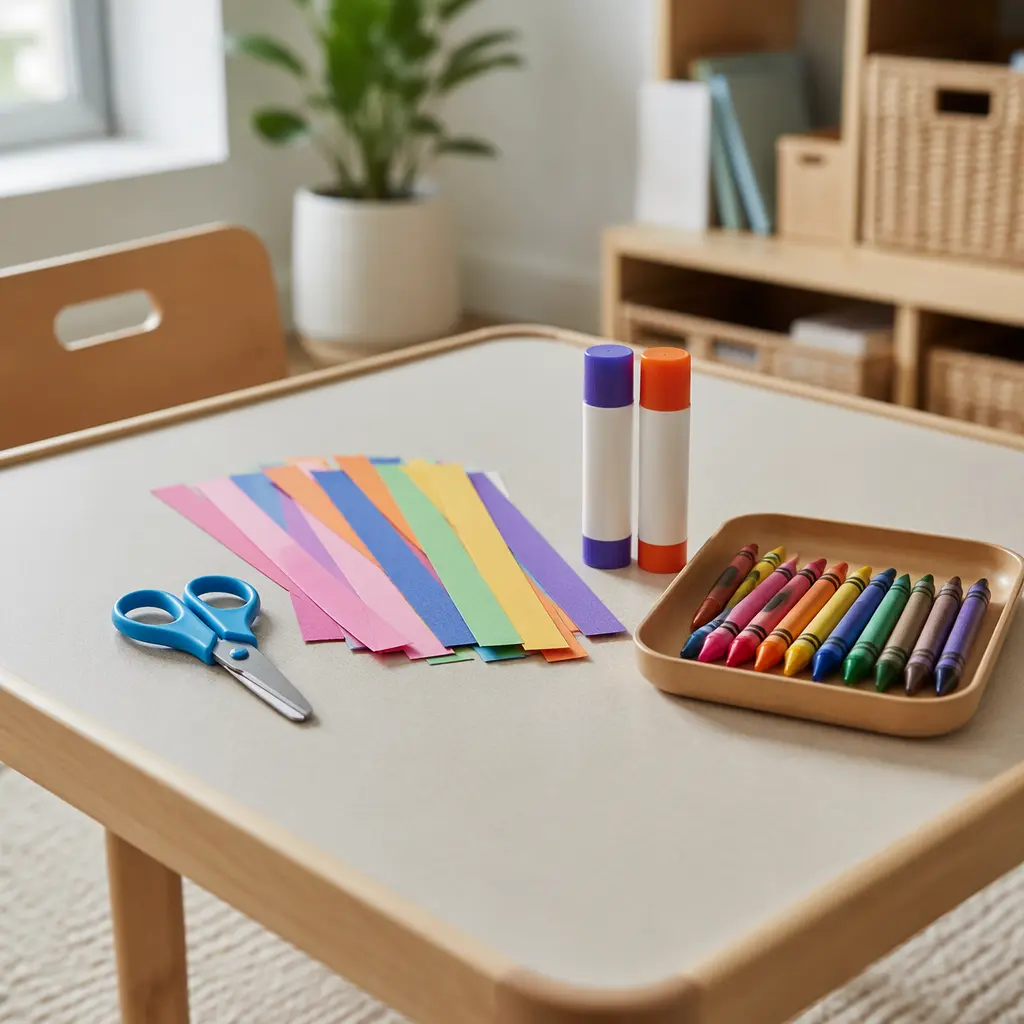 Child-safe craft scissors with paper and art supplies
