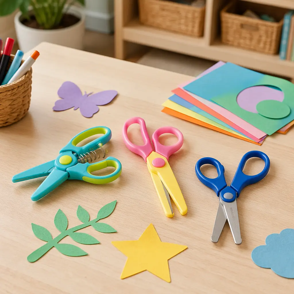 Different types of preschool craft scissors beside paper cutouts
