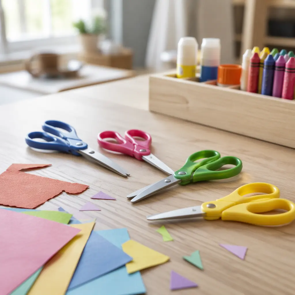 Preschool craft scissors and colored paper on a wooden table