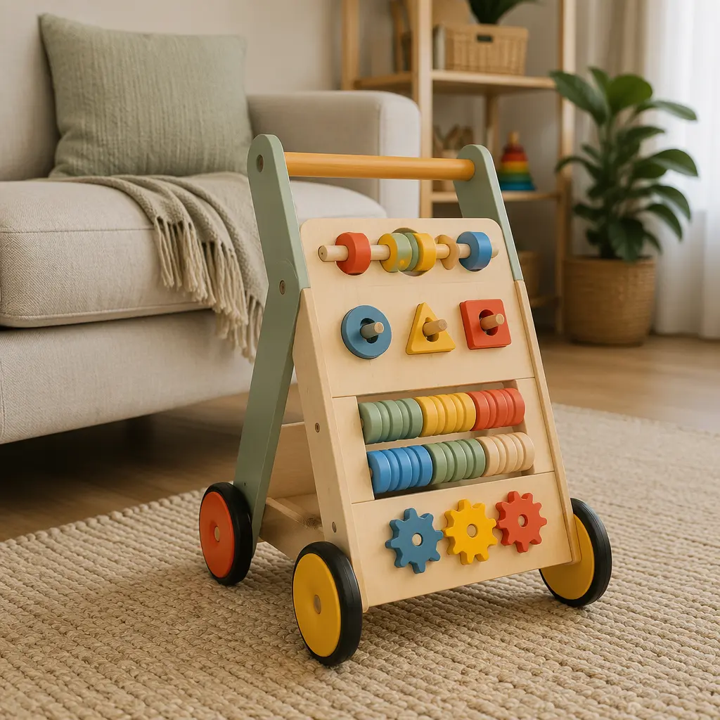 Retro-style toddler activity walker in a softly lit living room