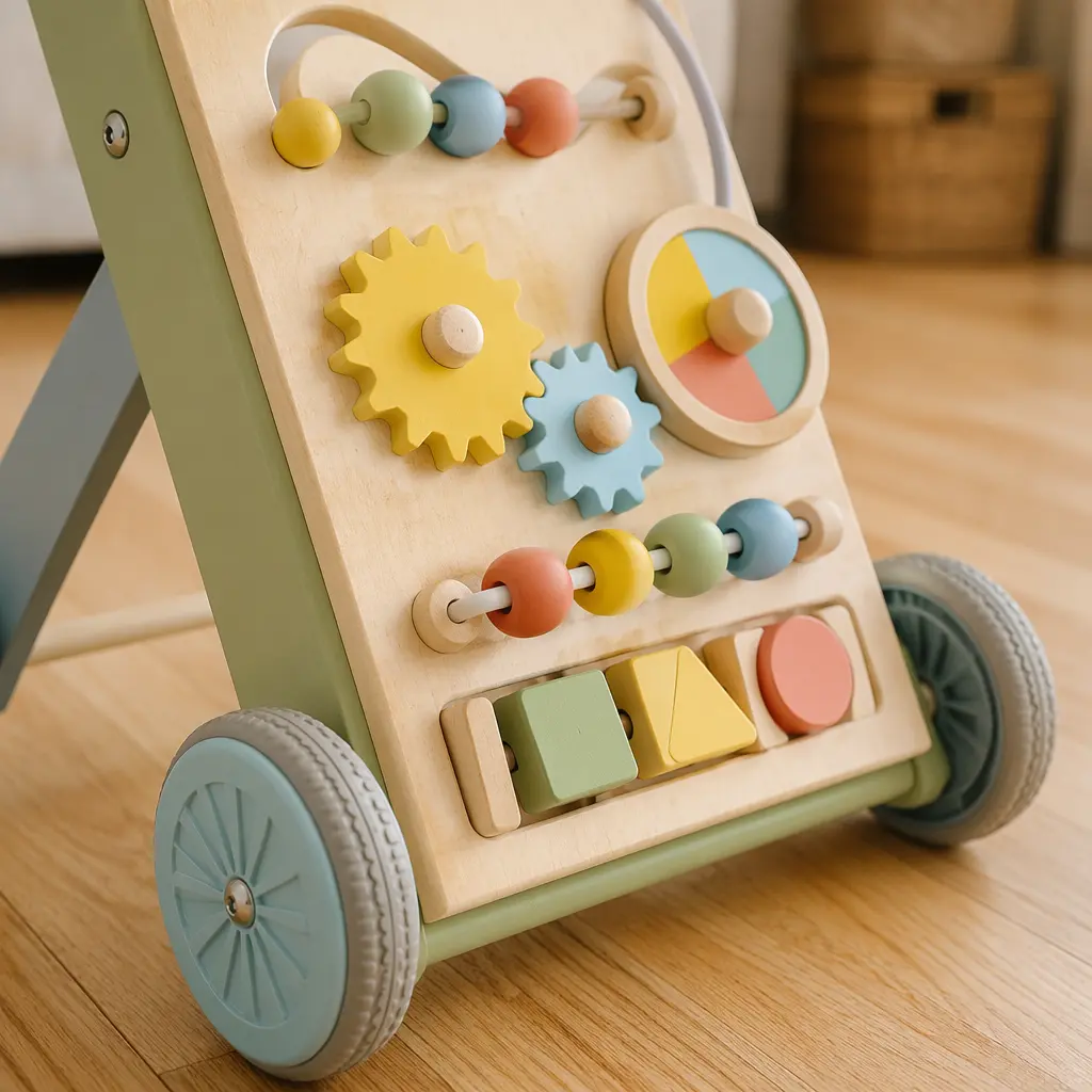 Detailed view of activity features on a toddler push walker
