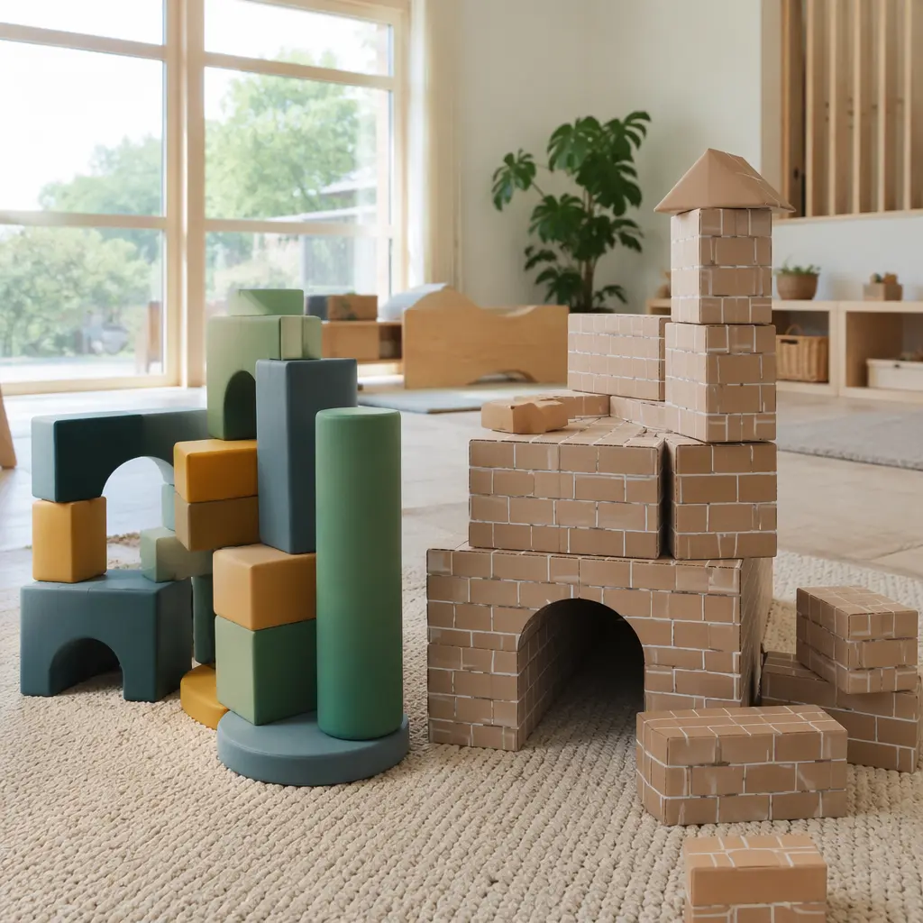 Foam blocks and cardboard bricks arranged into indoor towers and tunnels for preschool play