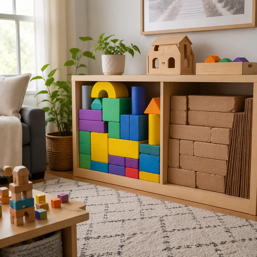 Indoor storage setup for foam blocks and cardboard bricks in a family playroom