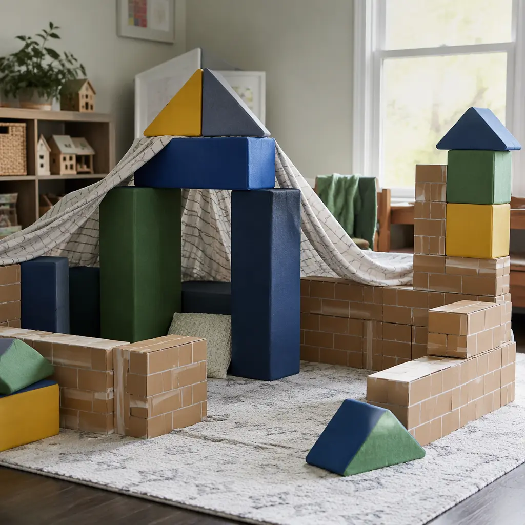 Oversized foam blocks and cardboard bricks set up for indoor preschool building play in a softly lit playroom