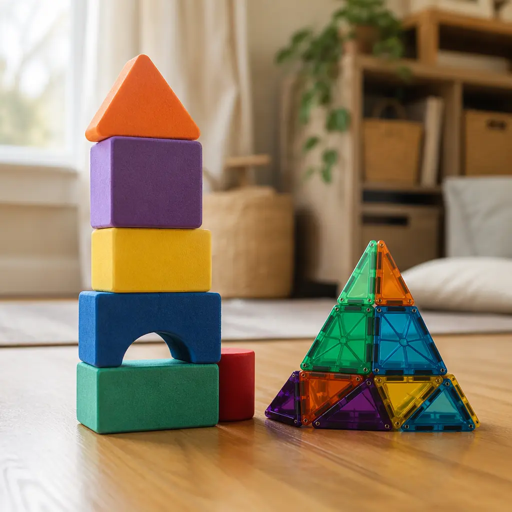Toddler construction toys including foam blocks and magnetic tiles on a wooden floor