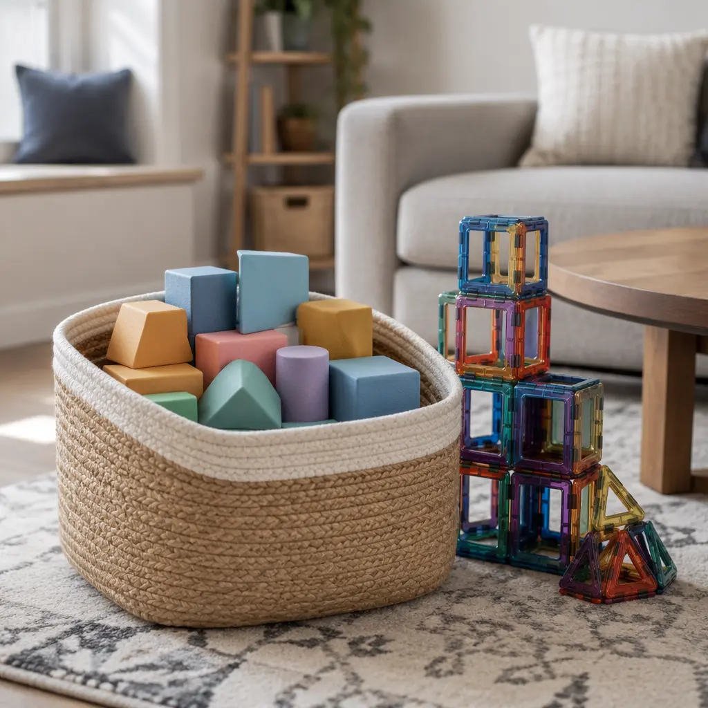 Stored foam blocks and magnetic tiles in a family living room