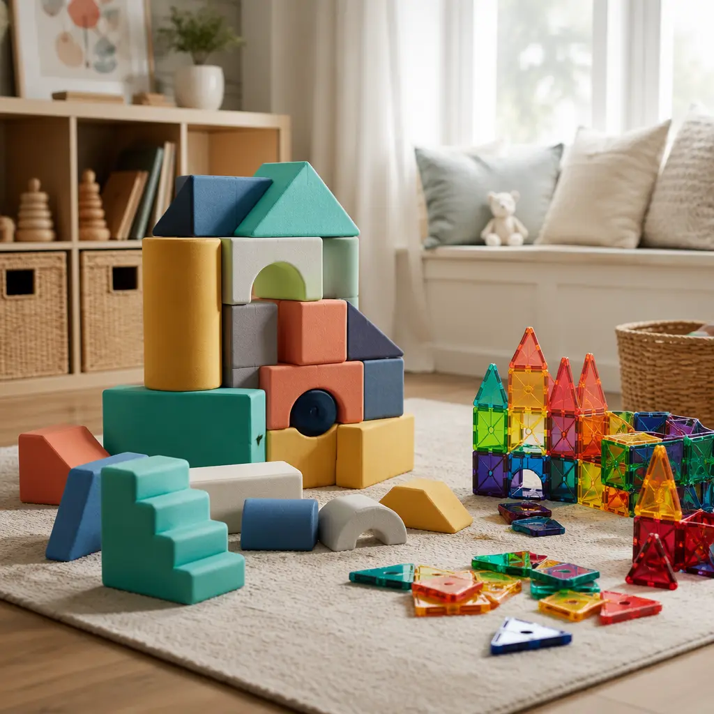 Foam building blocks and magnetic tiles arranged in a toddler playroom