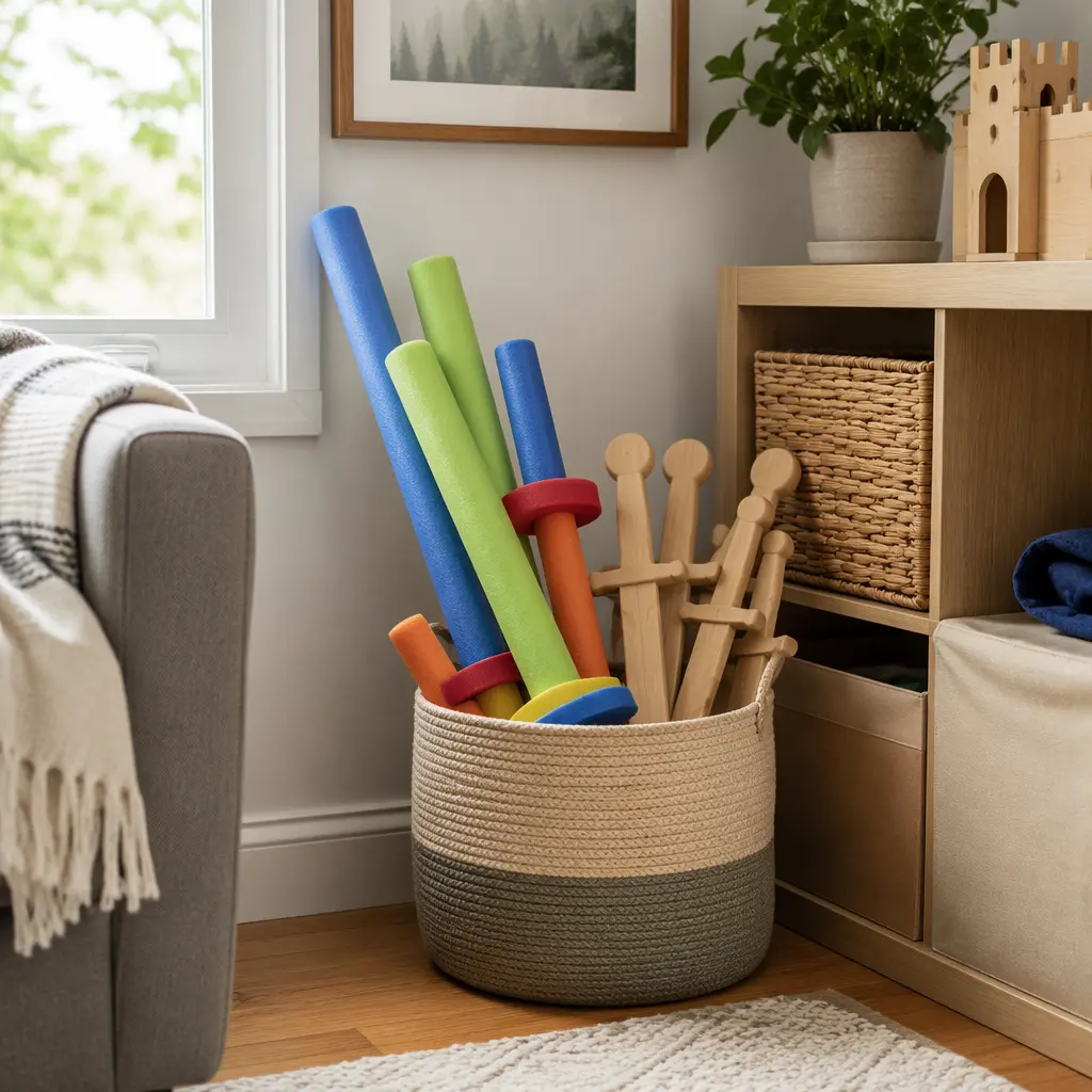 Foam and wooden pretend-play swords stored in a basket indoors