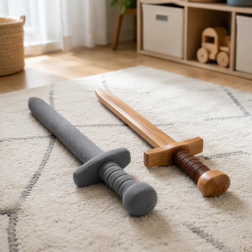Close-up comparison of foam and wooden toy swords