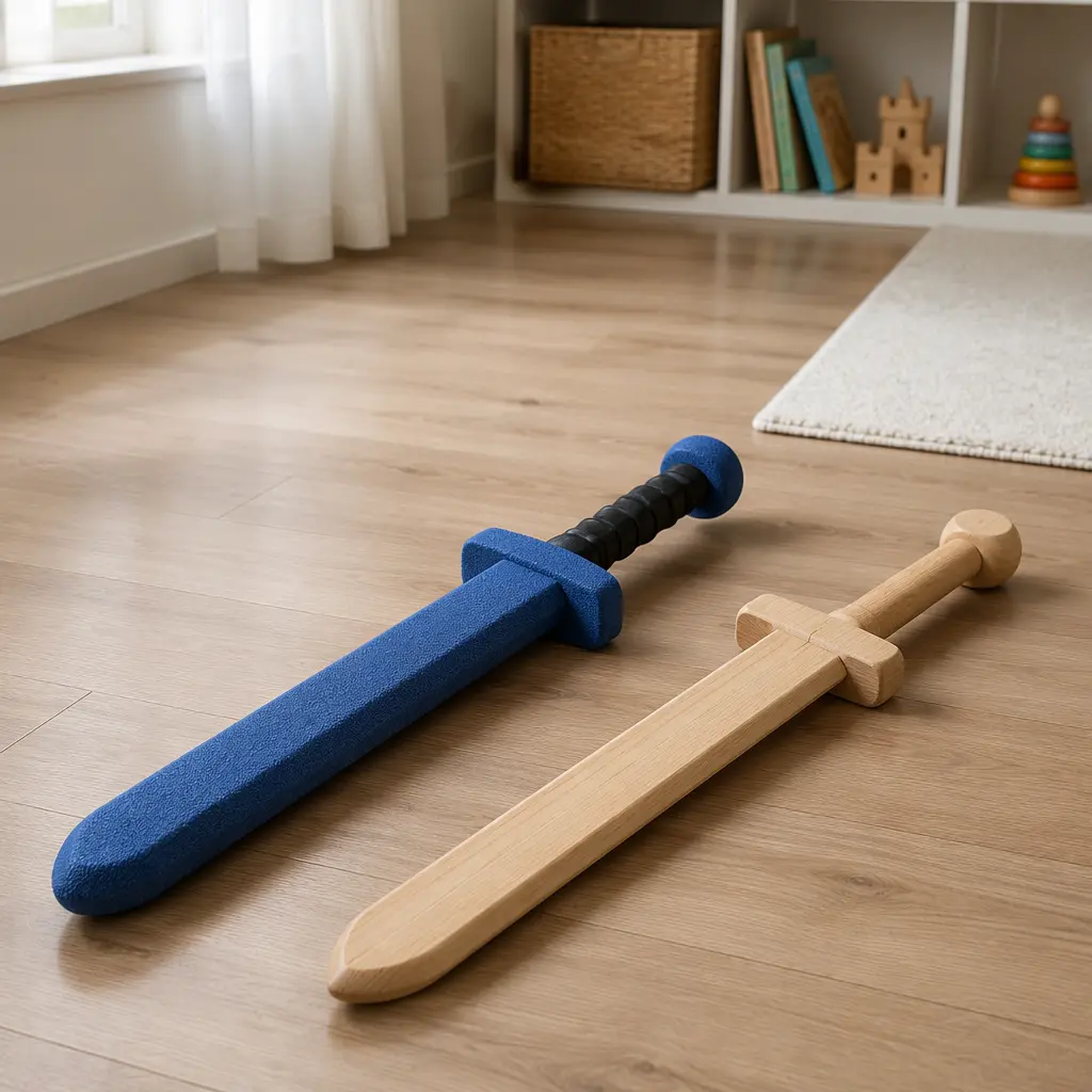 Foam and wooden toy swords placed side by side on a playroom floor