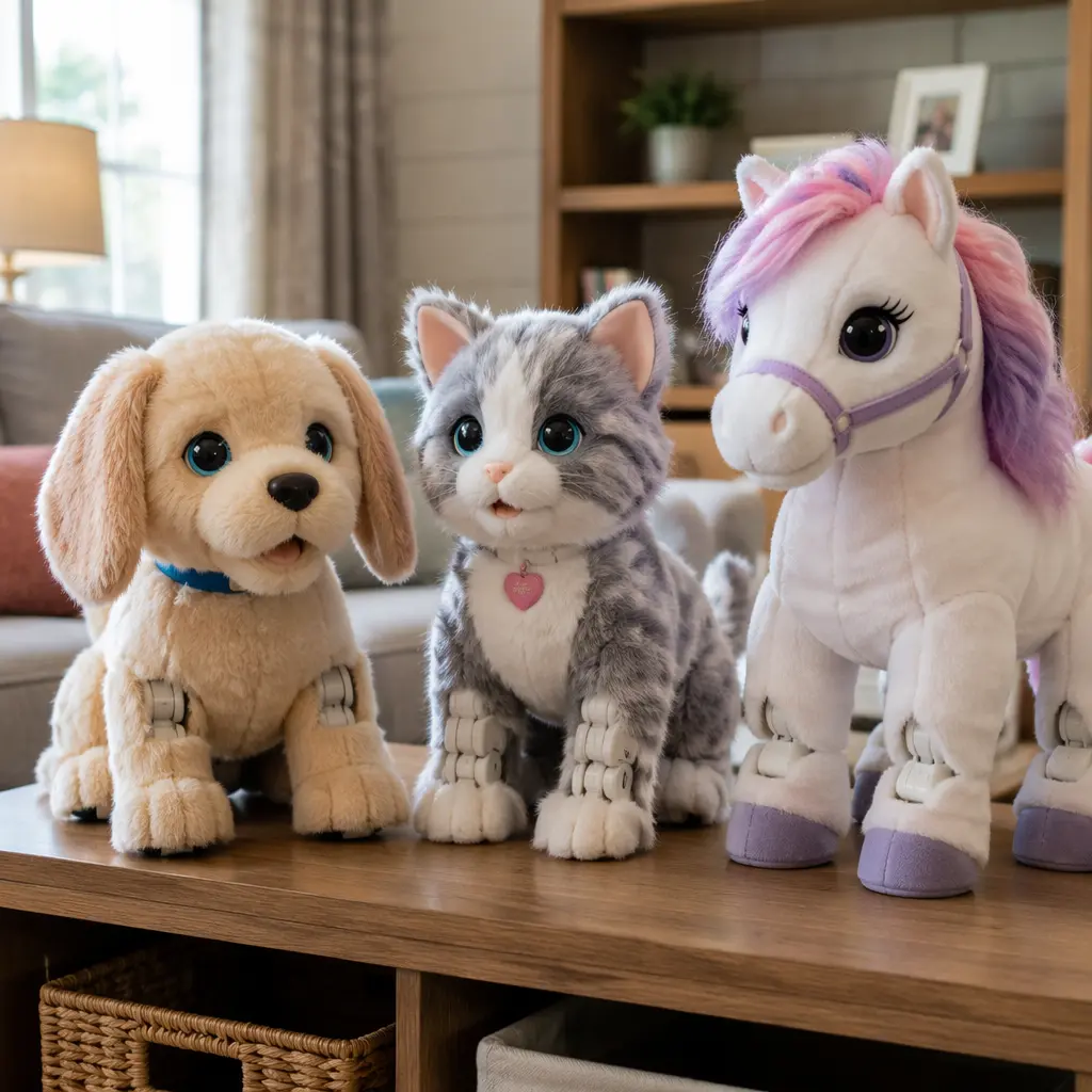 A group of plush robotic pets displayed on a shelf in a home setting