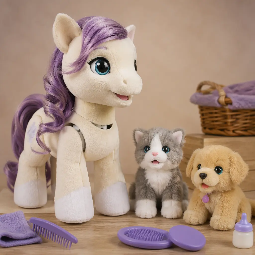 A large interactive plush pony displayed with smaller robotic pet toys