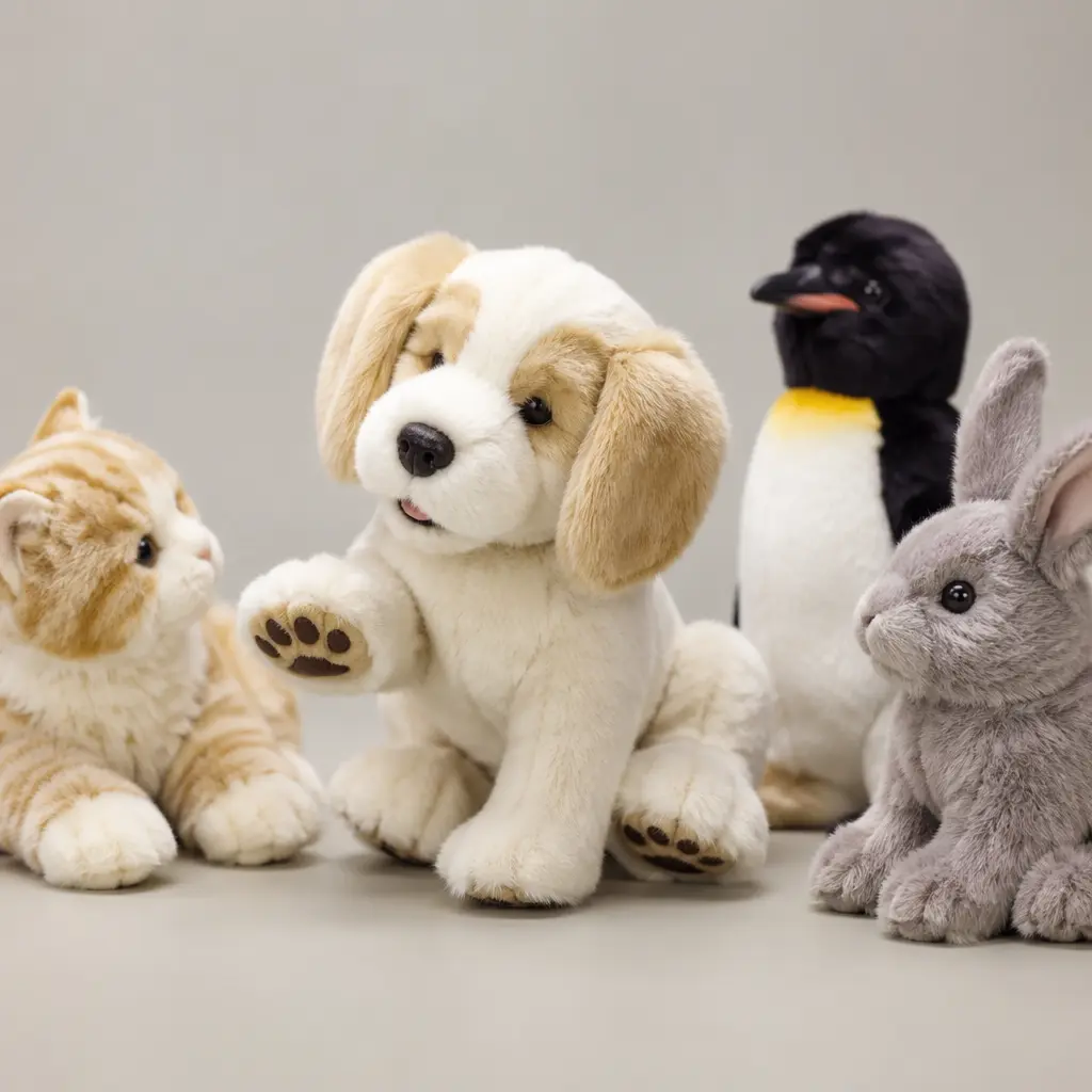 Interactive robotic plush pets displayed in a softly lit studio setting