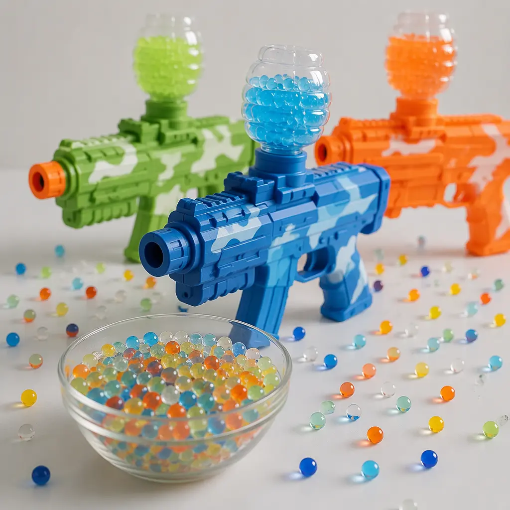 Generic gel bead blaster toys with hydrated water beads on a tabletop