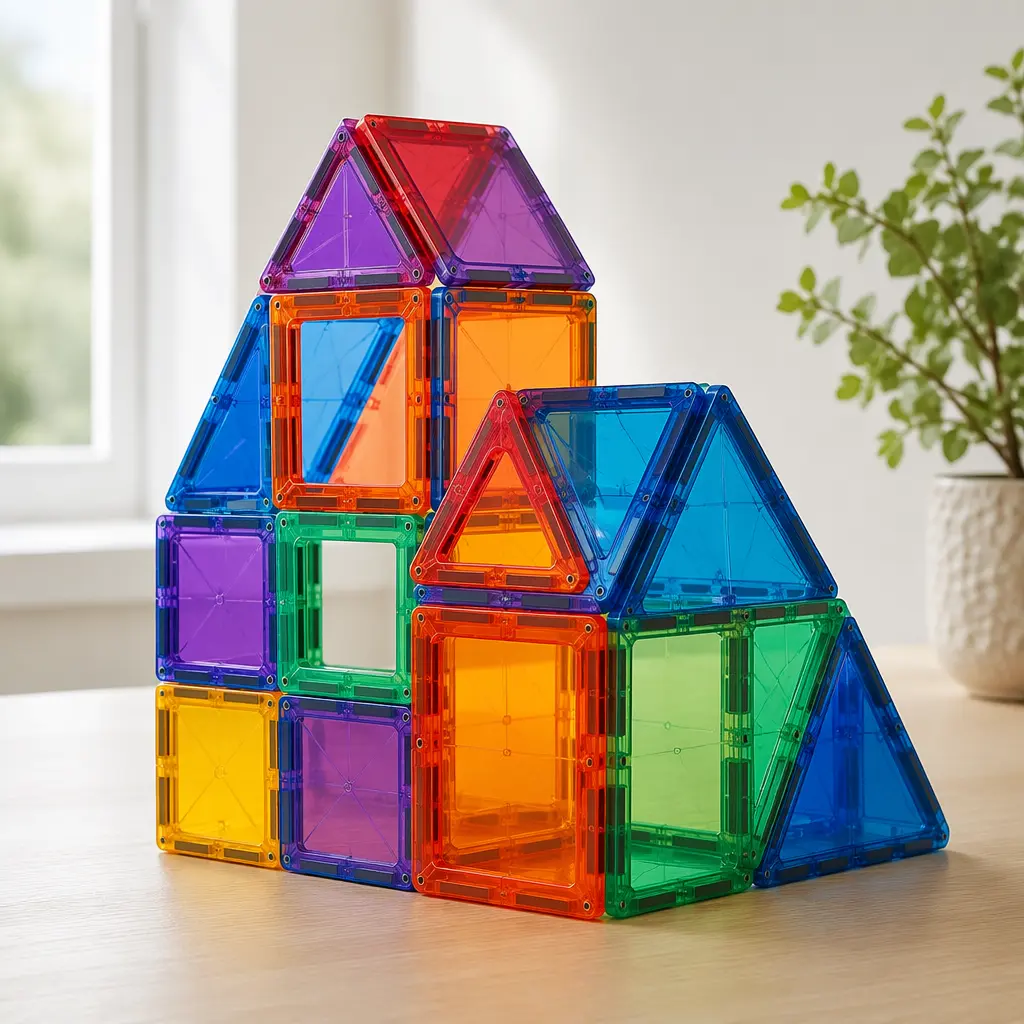 Magnetic panel construction toy arranged into a geometric house structure
