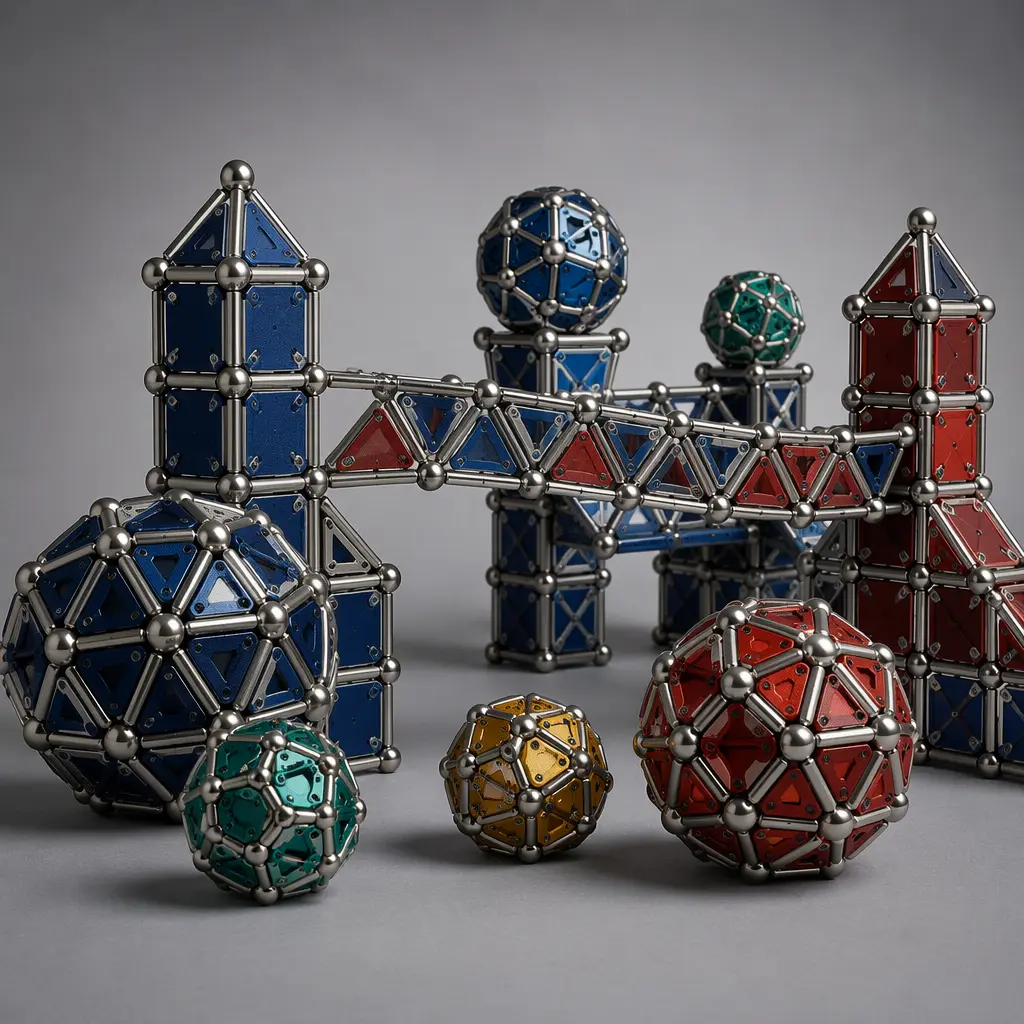 Detailed magnetic construction toy models including spheres and bridges