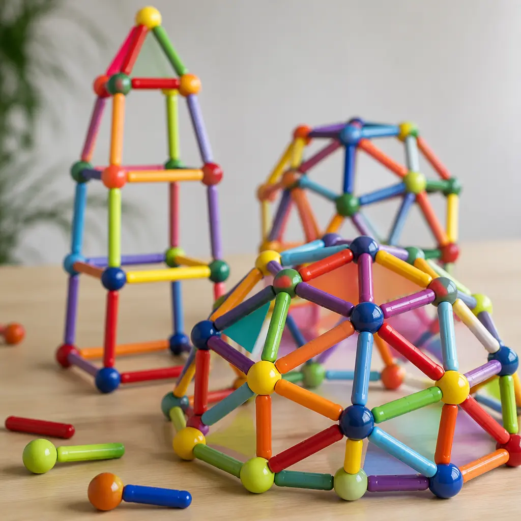 Colorful magnetic construction structures built from rods, spheres, and panels on a tabletop