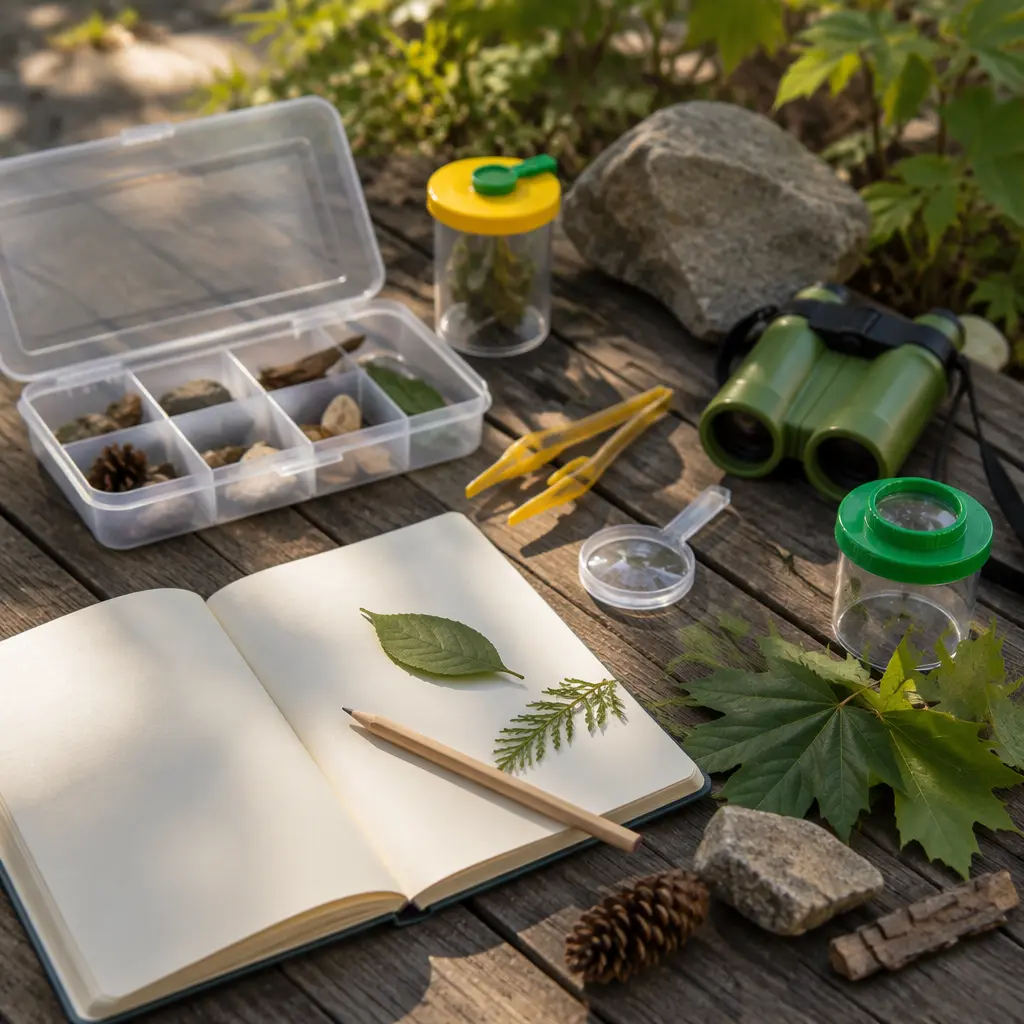 Educational exploration toys displayed outdoors with nature objects and a notebook