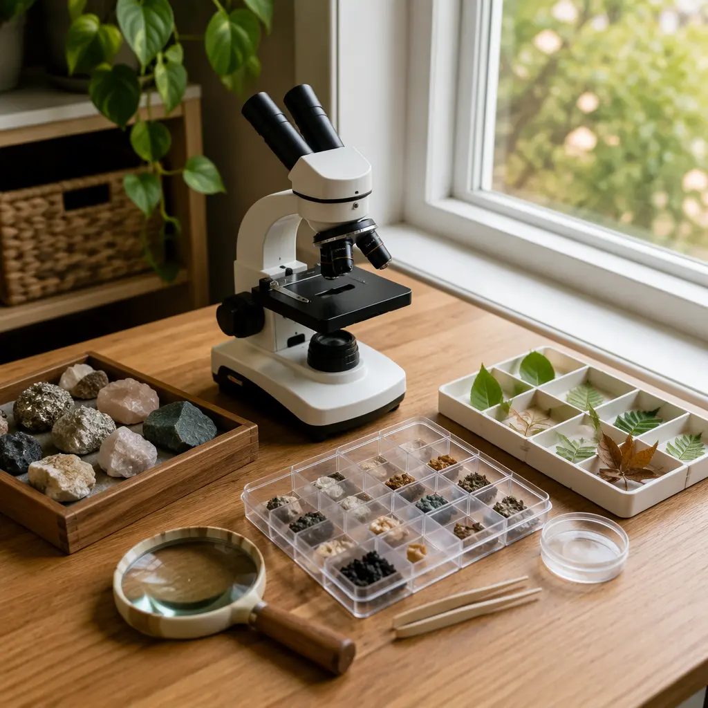 Tabletop science exploration setup with microscope and nature specimens