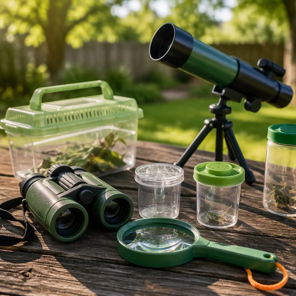 Science exploration toys arranged on a backyard table in natural light