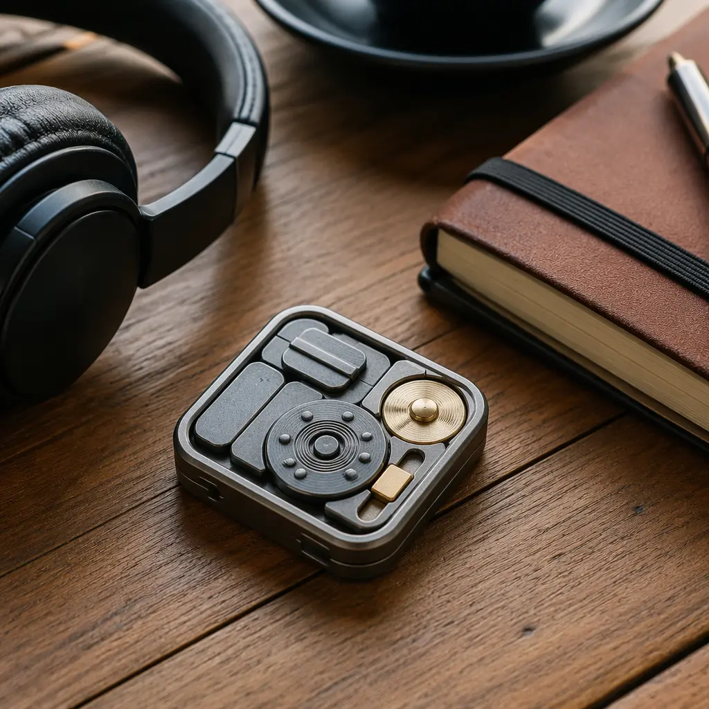 A compact handheld puzzle gadget placed beside travel items on a café table