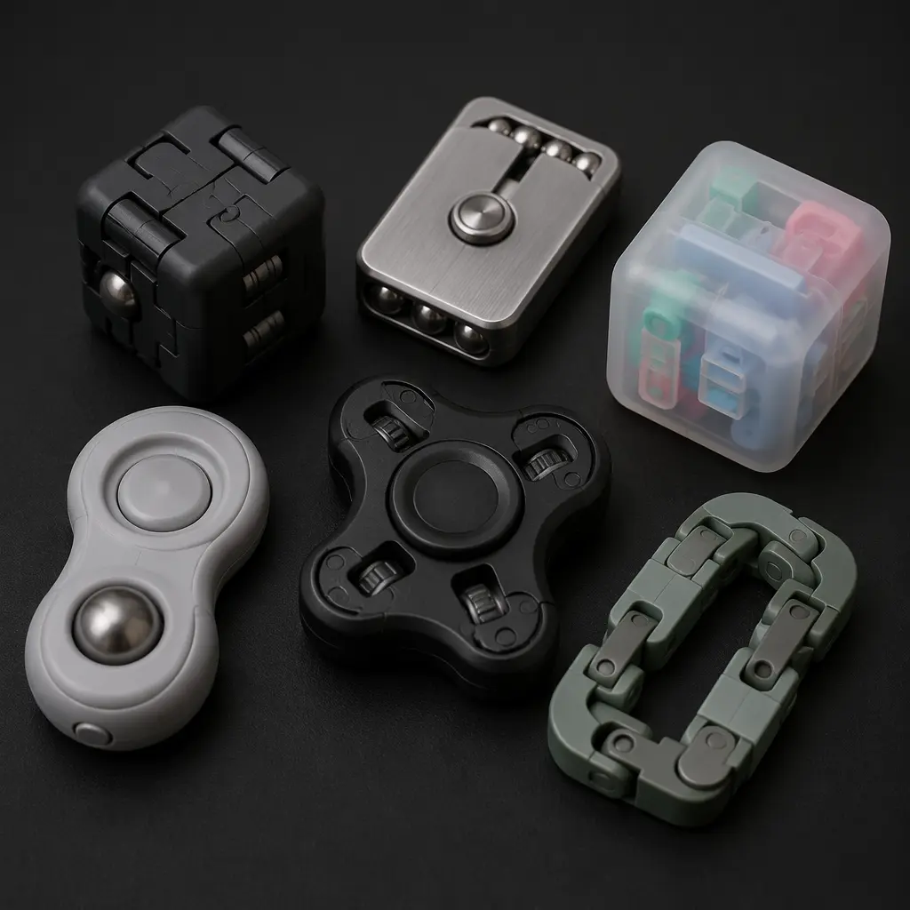 Different styles of compact fidget-puzzle toys displayed in a studio setting