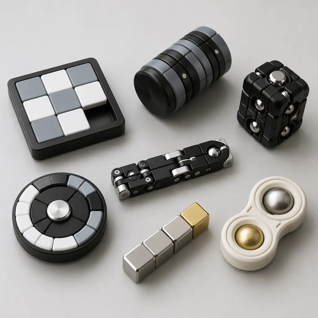 A group of compact handheld puzzle gadgets arranged on a neutral tabletop