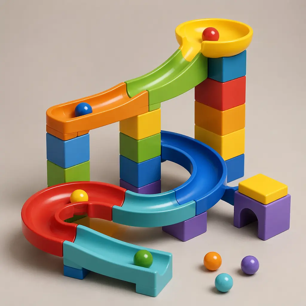 Chunky preschool marble run components arranged in a studio setting