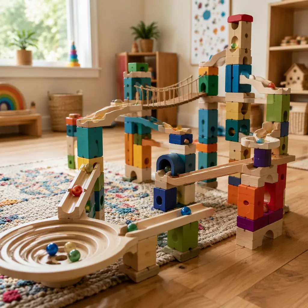 Expanded preschool marble run with tunnels and elevated tracks in a playroom