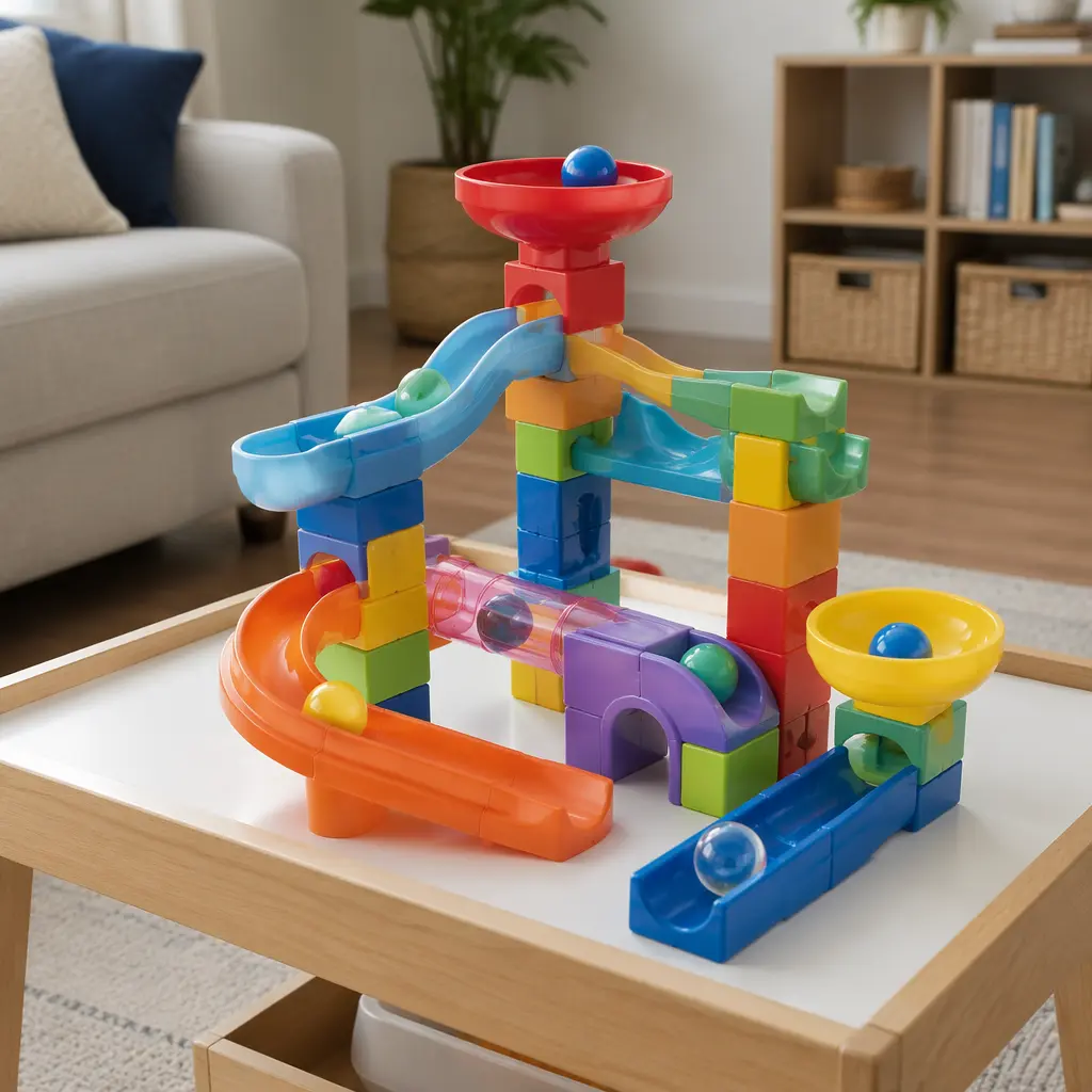Colorful preschool marble run with chunky track pieces and rolling marbles on a play table