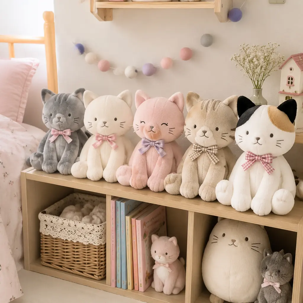 Collection of simple bow-wearing cat-inspired plush toys on a bedroom shelf