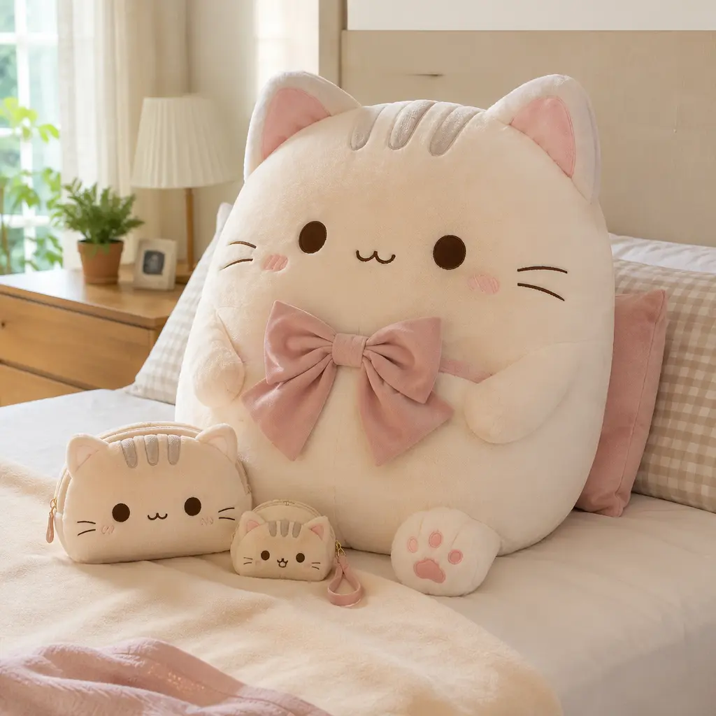 Large bow-wearing cat-inspired plush toy displayed on a bed with smaller plush companions