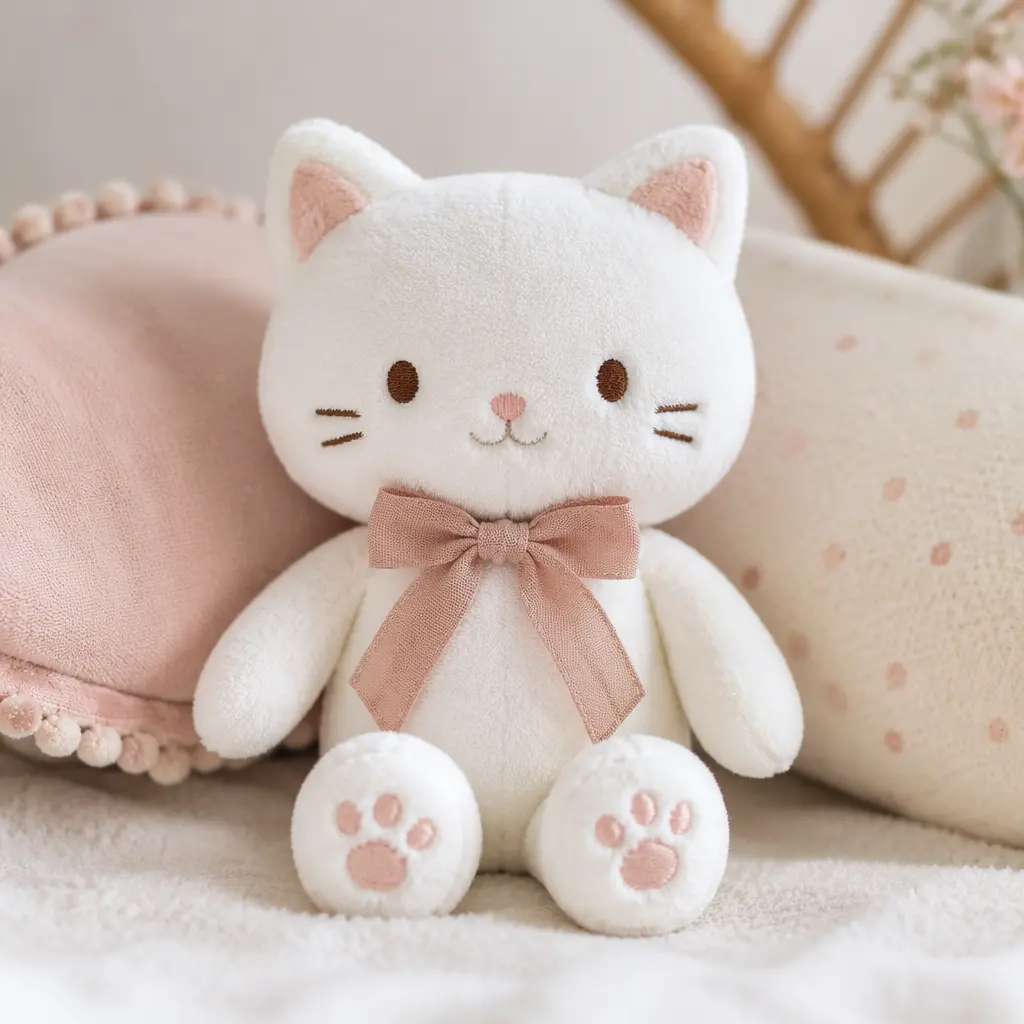 Soft white bow-wearing cat-inspired plush toy displayed in a pastel studio setting